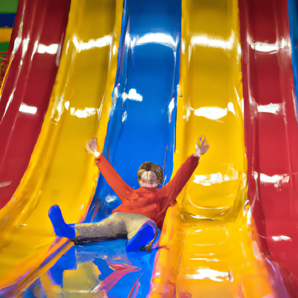 PHOTO: An enthusiastic child playing on a giant colorful slide in the indoor play area of a fun center.. Sigma 85 mm f/1.4. No text.