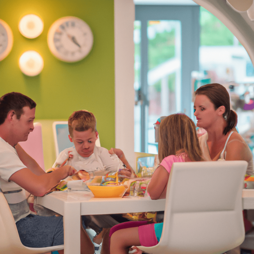 A photo of a family enjoying a meal together in a cozy villa, with a children's play area in the background.. Sigma 85 mm f/1.4. No text.