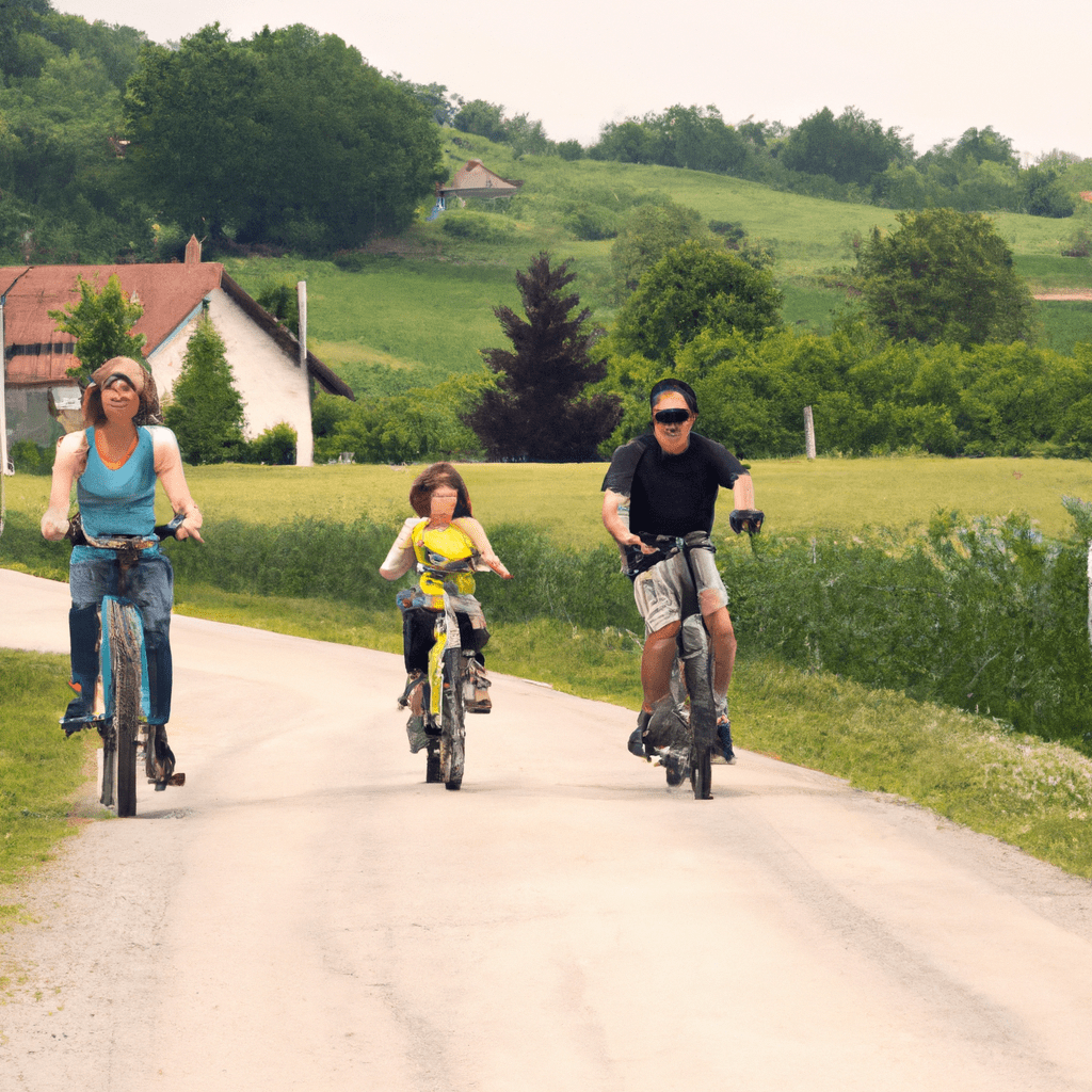2 - [A photo of a family enjoying a scenic bike ride through the countryside, surrounded by green fields and picturesque villages]. Nikon 50 mm f/1.8. No text.. Sigma 85 mm f/1.4. No text.