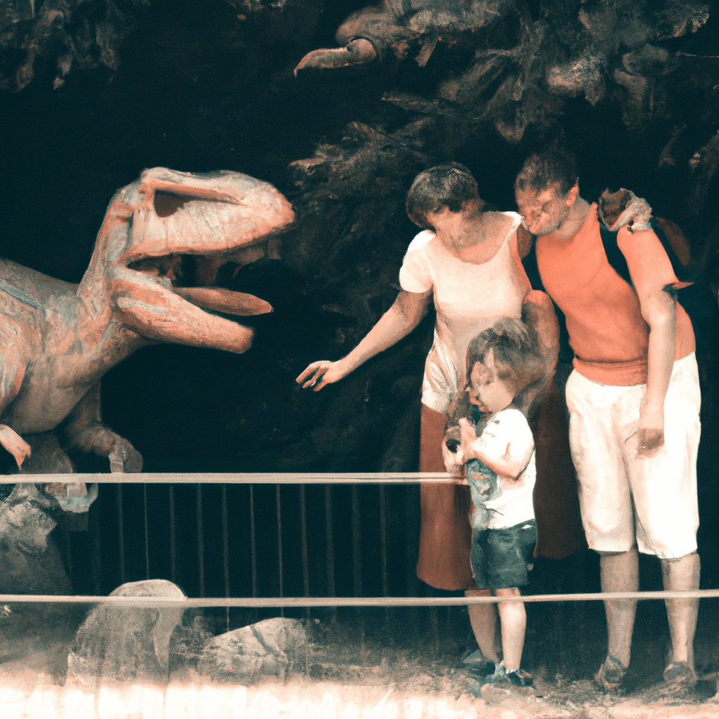 [Česká zábavní a vzdělávací atmosféra párky] A family exploring a dinosaur exhibit with excitement.. Sigma 85 mm f/1.4. No text.