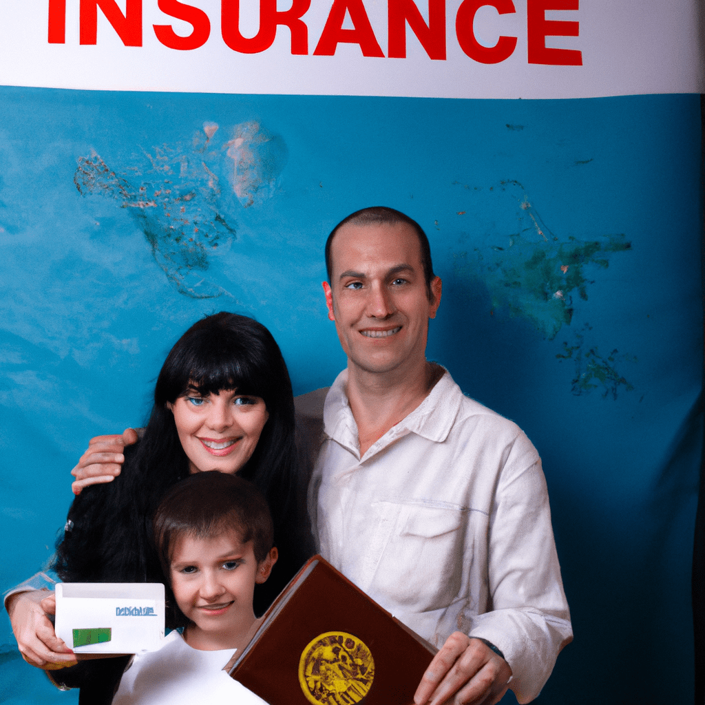 2 - [A family standing in front of a travel insurance sign, holding passports and smiling.]. Canon 50mm f/1.8. No text.. Sigma 85 mm f/1.4. No text.