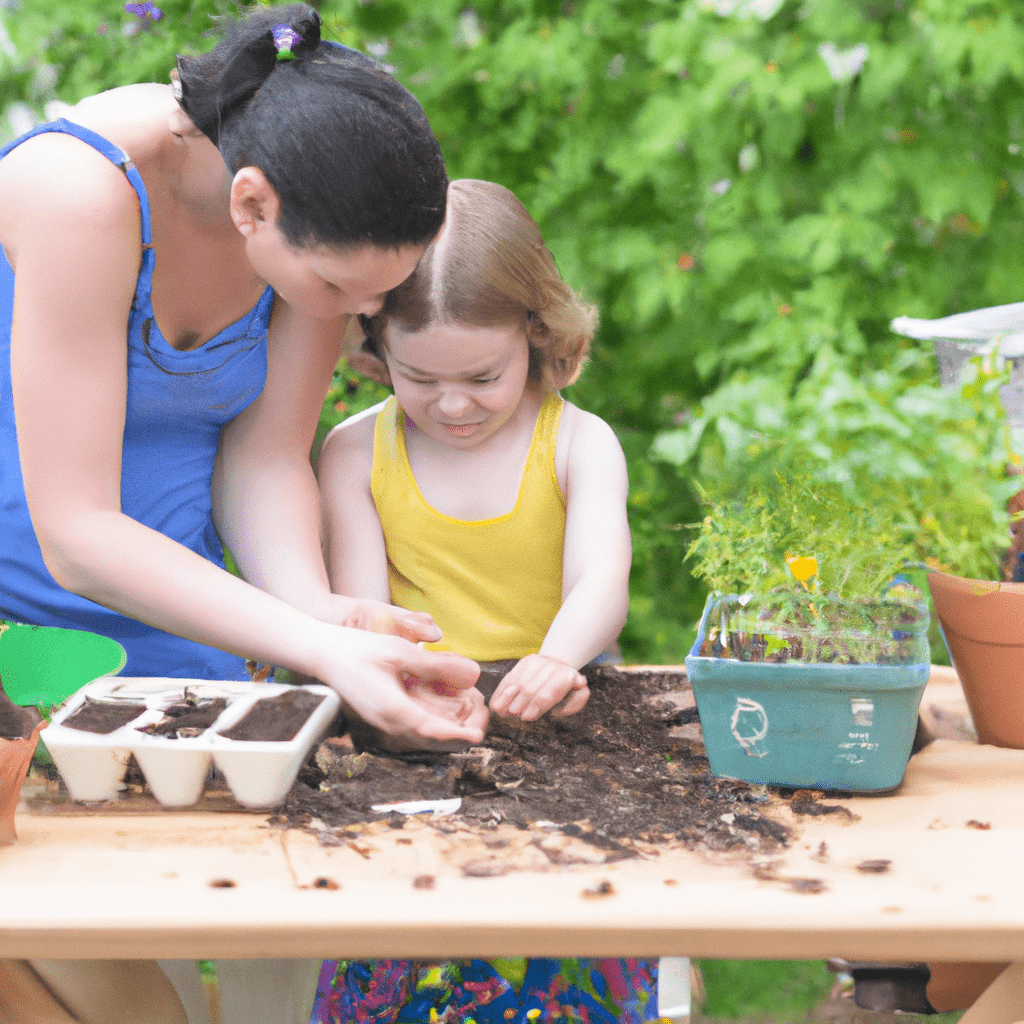 Garden for growing herbs and vegetables. A photo of a mother and child planting seeds and tending to their vibrant garden filled with fresh herbs and vegetables.. Sigma 85 mm f/1.4. No text.