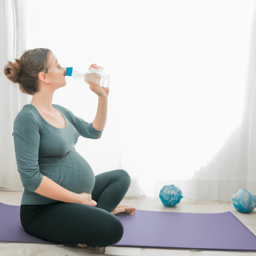 [A picture of a pregnant woman practicing gentle yoga while wearing comfortable clothes and drinking water] 