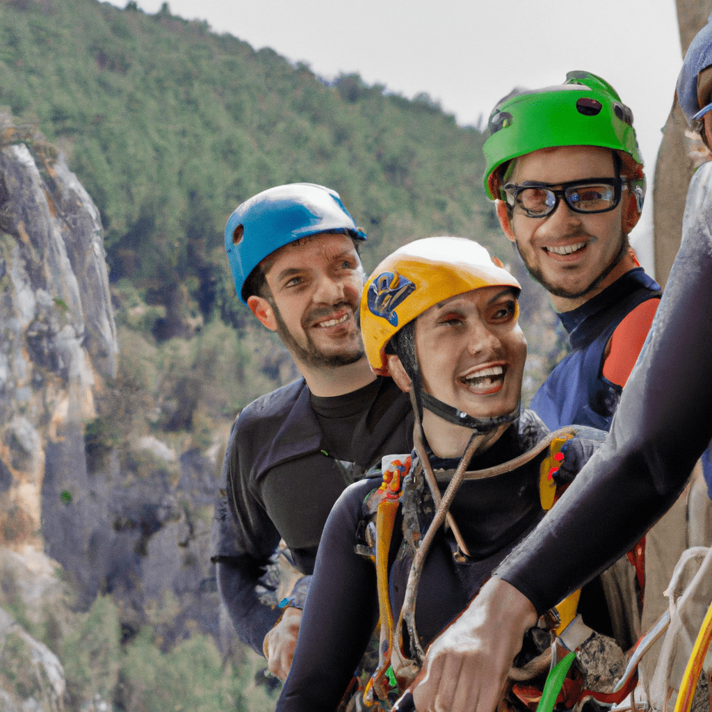 A group of friends wearing helmets and safety gear, enjoying a thrilling day of rock climbing in the mountains. Canon 50mm f/1.8. No text.. Sigma 85 mm f/1.4. No text.