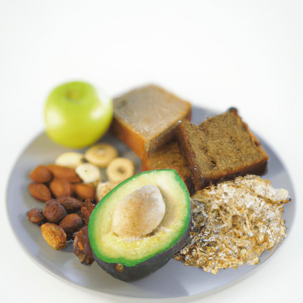 A photo of a well-balanced dinner plate with healthy fats and carbohydrates, such as avocado, whole grain bread, nuts, and fruits, providing essential nutrients for children's development.. Sigma 85 mm f/1.4. No text.