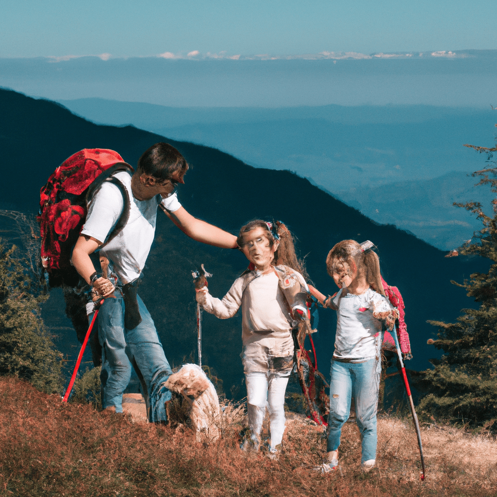 [An adventurous family hiking in the mountains with stunning views.]. Sigma 85 mm f/1.4. No text.