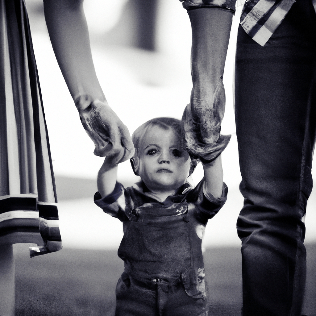 A photo of a couple holding hands while their child looks up at them, capturing the importance of building strong relationships in the first years of life.. Sigma 85 mm f/1.4. No text.