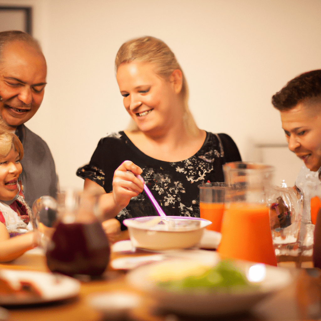 A photo of a joyful family sitting together around a dinner table, enjoying a delicious and nutritious meal. Sigma 85 mm f/1.4. No text.. Sigma 85 mm f/1.4. No text.
