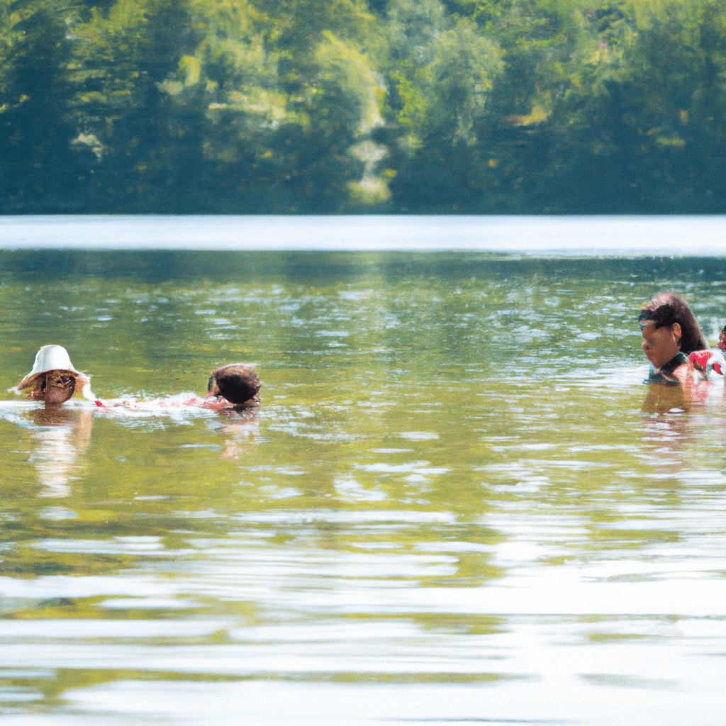 [A photo of a family enjoying a refreshing swim in a beautiful lake.]. Sigma 85 mm f/1.4. No text.