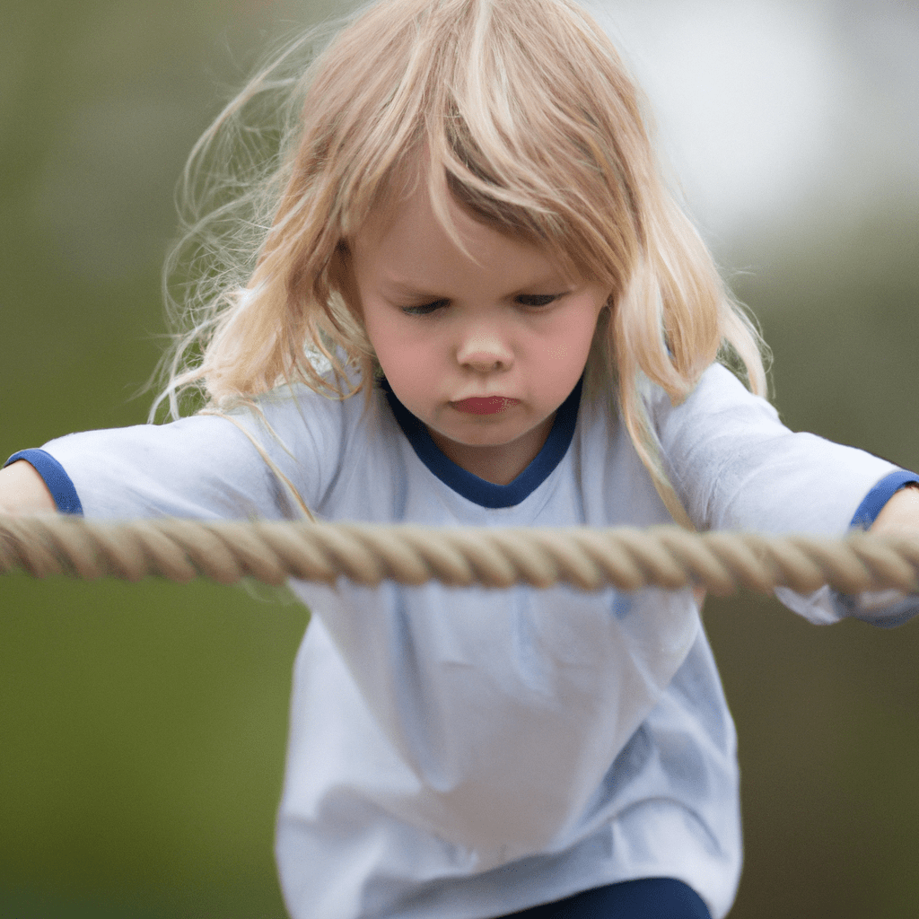 Photo description: A child balances on a swinging rope, symbolizing the importance of balance in Montessori education. The photo captures the child's focus and determination as they navigate the challenging task. Sigma 85 mm f/1.4. No text.. Sigma 85 mm f/1.4. No text.