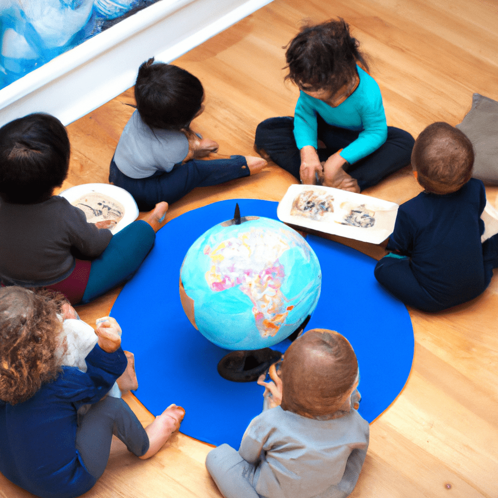 2 - An image of Montessori children sitting in a circle, exploring a globe, maps, and pictures to learn about different cultures and cultivate global awareness.. Sigma 85 mm f/1.4. No text.