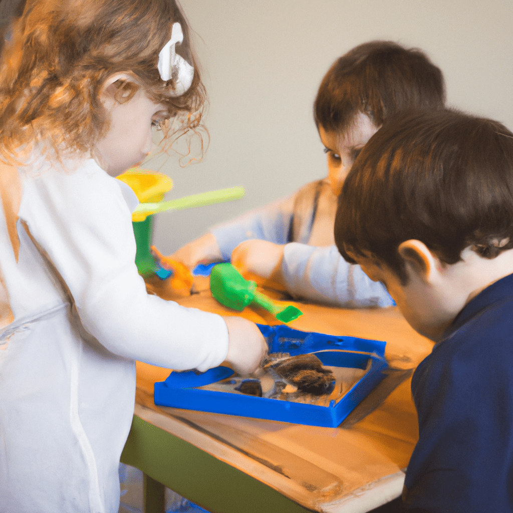 A photo of children engaging in hands-on learning activities in a Montessori classroom.. Sigma 85 mm f/1.4. No text.