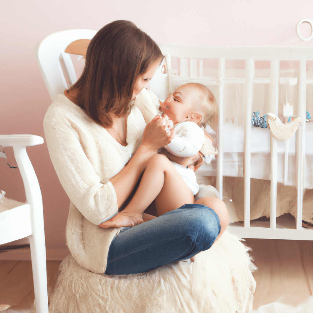 [ ] Mother and baby cuddling in a cozy nursery with soft pastel decor. Sigma 85 mm f/1.4. No text.