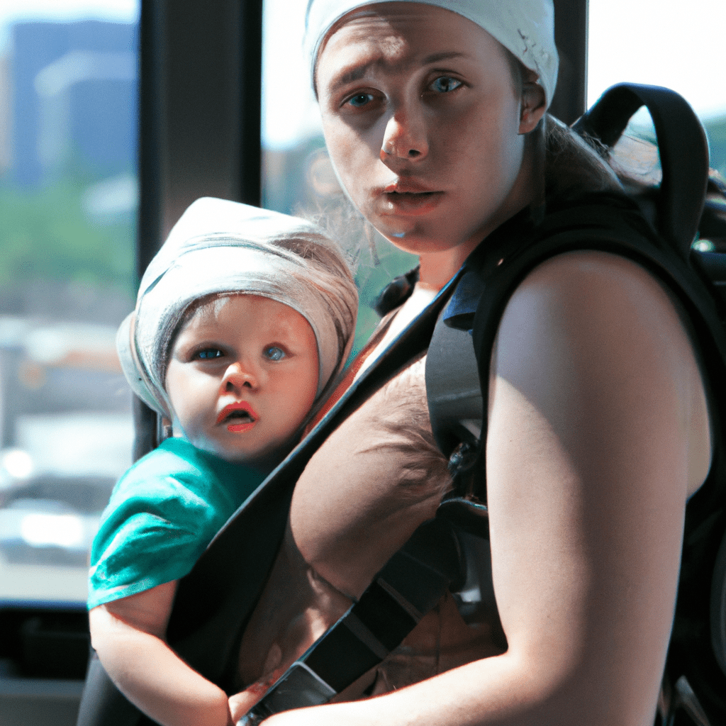 4 - [A mother with her infant comfortably nestled in a baby carrier, confidently navigating through a bustling city using public transportation]. Canon EOS 24-70mm f/2.8. No text.. Sigma 85 mm f/1.4. No text.