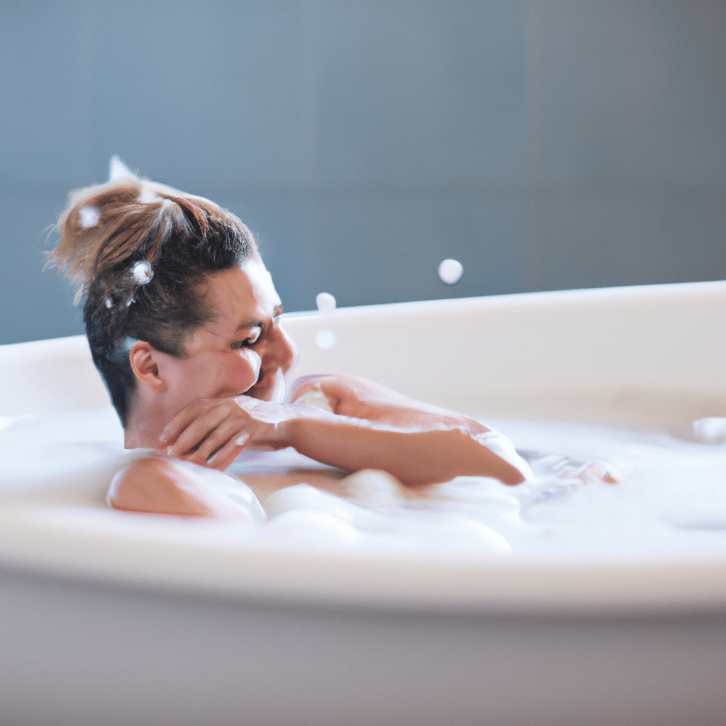 A photo of a new mother enjoying a relaxing bath to unwind and take care of herself after giving birth. Sigma 85 mm f/1.4. No text.. Sigma 85 mm f/1.4. No text.