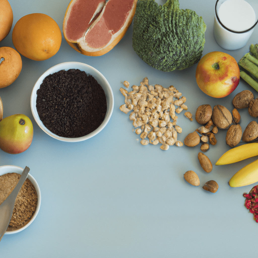 A photo of a variety of nutrient-rich foods, such as fruits, vegetables, nuts, and whole grains, representing a balanced diet for breastfeeding mothers.. Sigma 85 mm f/1.4. No text.