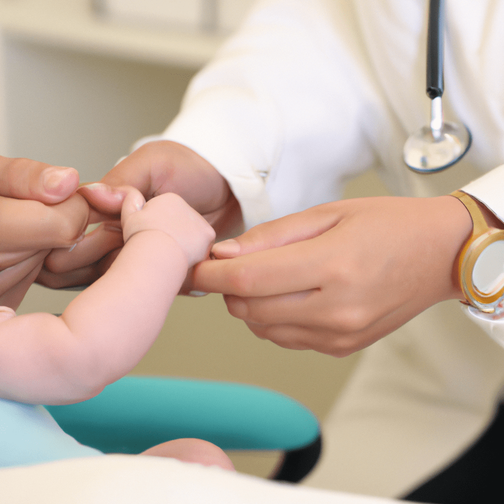 2 - [A parent holding their baby's tiny hand while sitting in a doctor's office, preparing for a health check before their trip]. Canon EOS 50mm f/1.8. No text.. Sigma 85 mm f/1.4. No text.