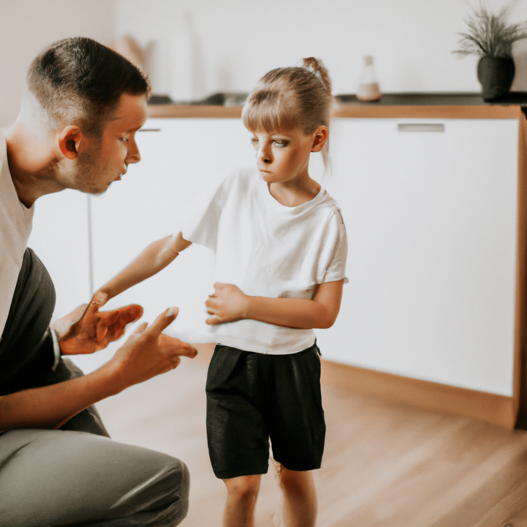 A photo of a parent and child discussing consequences and learning from their actions, showing the positive outcomes of discipline.. Sigma 85 mm f/1.4. No text.