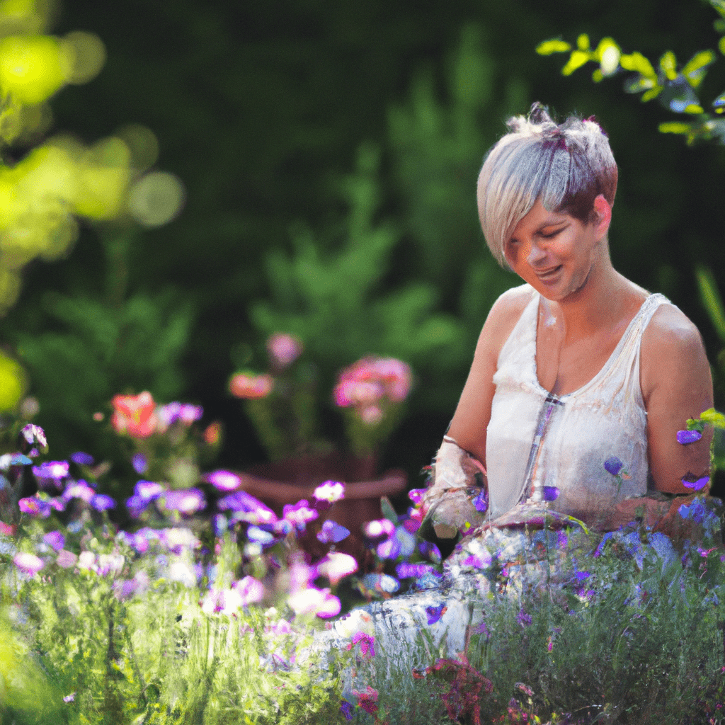 A photo of a mother enjoying a peaceful moment in her garden, surrounded by blooming flowers and lush greenery. Sigma 85mm f/1.4. No text.. Sigma 85 mm f/1.4. No text.