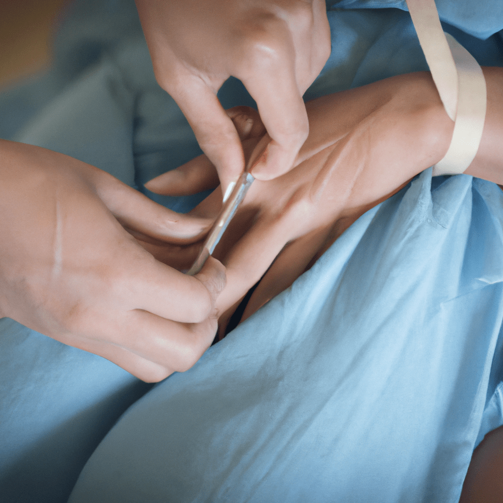 A photo of a woman gently tending to her c-section incision, showcasing the importance of postoperative care. [Post-Cesarean Wound Care photo]. Sigma 85 mm f/1.4. No text.