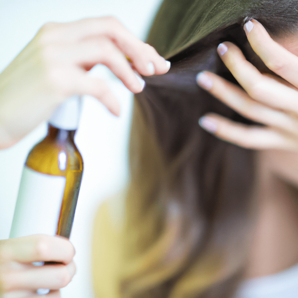 A photo of a woman gently massaging her scalp with a nourishing hair oil to promote postpartum hair regrowth.. Sigma 85 mm f/1.4. No text.