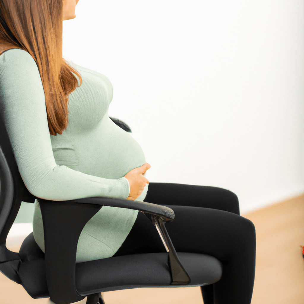 A pregnant woman sitting on an ergonomic chair with proper back support, maintaining a good posture to prevent back pain and discomfort.. Sigma 85 mm f/1.4. No text.
