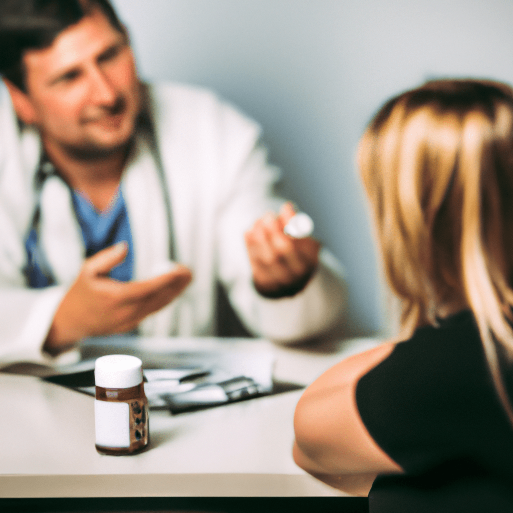 A picture of a pregnant woman discussing medication and supplements with her doctor. They are focused on choosing the safest options for both her and the baby's health.. Sigma 85 mm f/1.4. No text.