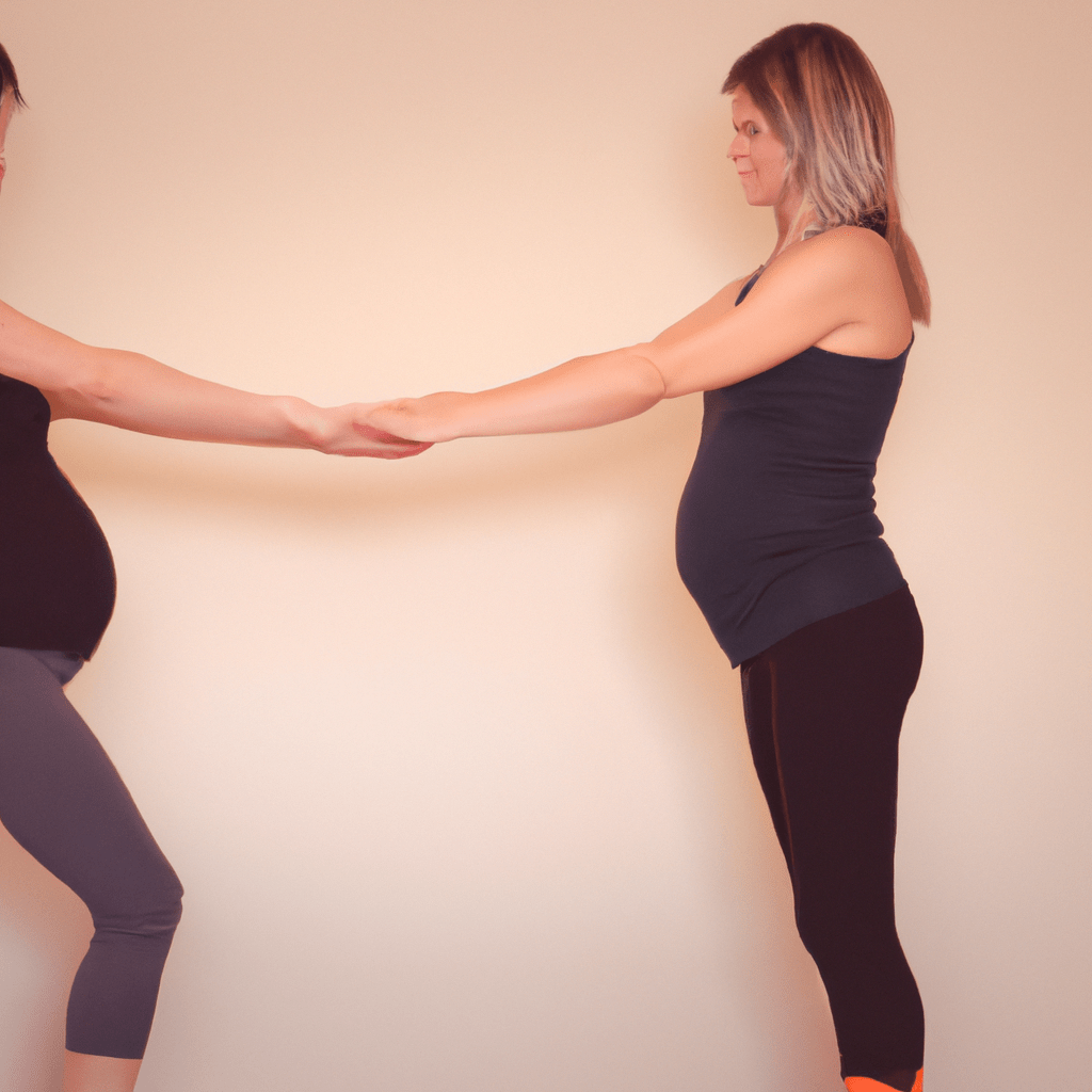 A photo of a pregnant woman engaging in gentle prenatal exercises with the assistance of a professional trainer.. Sigma 85 mm f/1.4. No text.