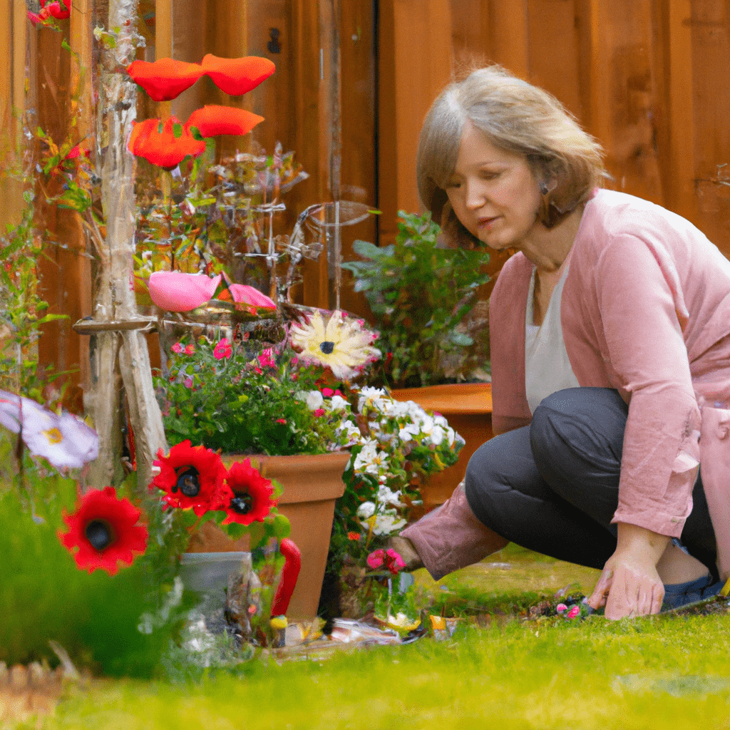 A photo of a mother surrounded by low-maintenance flowers, creating a relaxing and beautiful garden.. Sigma 85 mm f/1.4. No text.