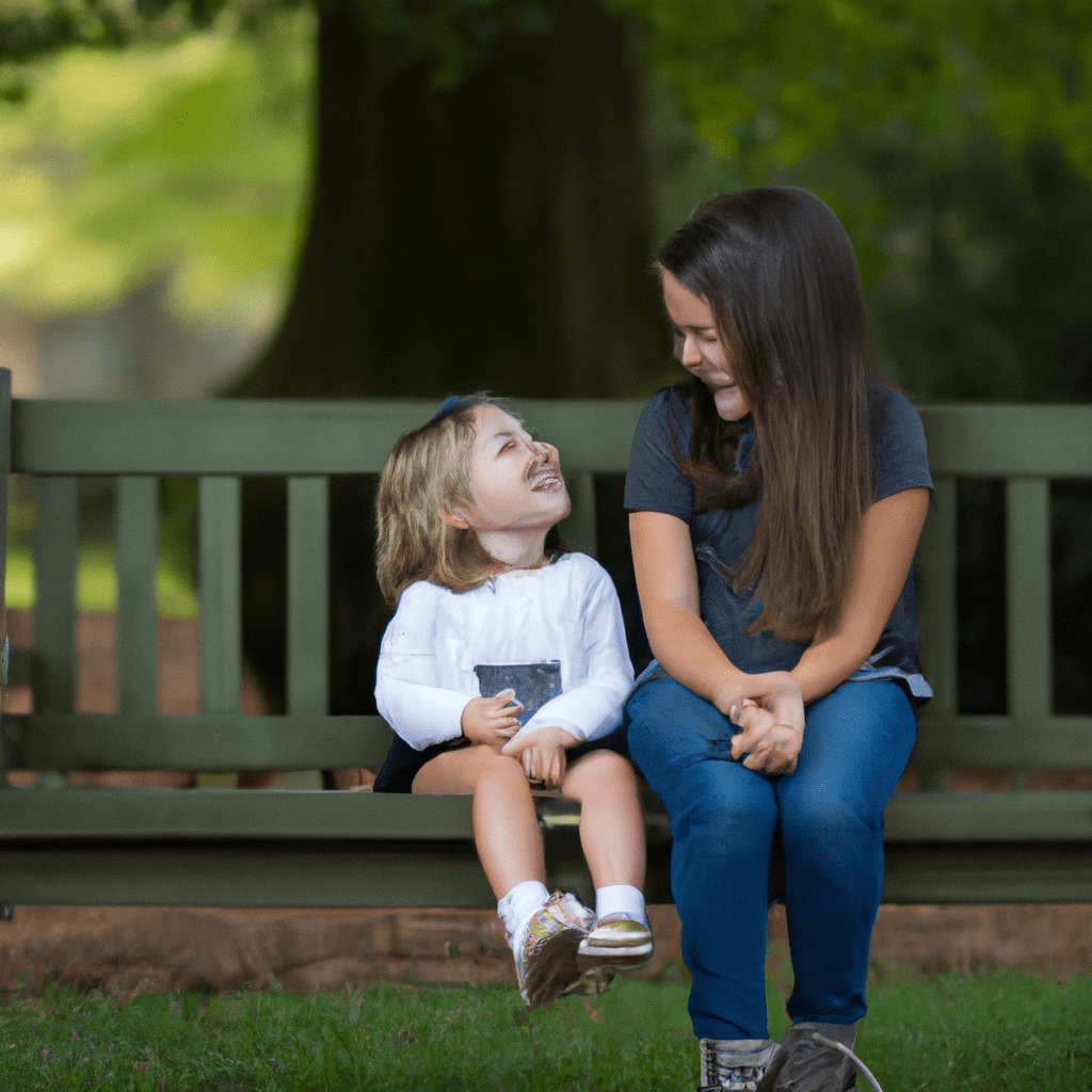 [Toddler and teenager sitting on a bench, sharing a smile]. Sigma 85 mm f/1.4. No text.