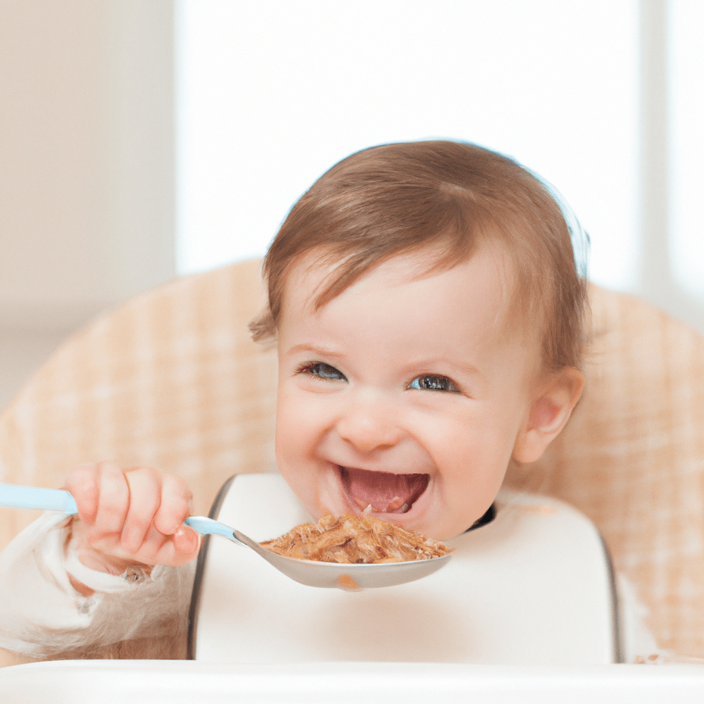 A photo of a smiling baby eating cereal from a spoon, representing the importance of age-appropriate cereal choices for optimal nutrition and development.. Sigma 85 mm f/1.4. No text.
