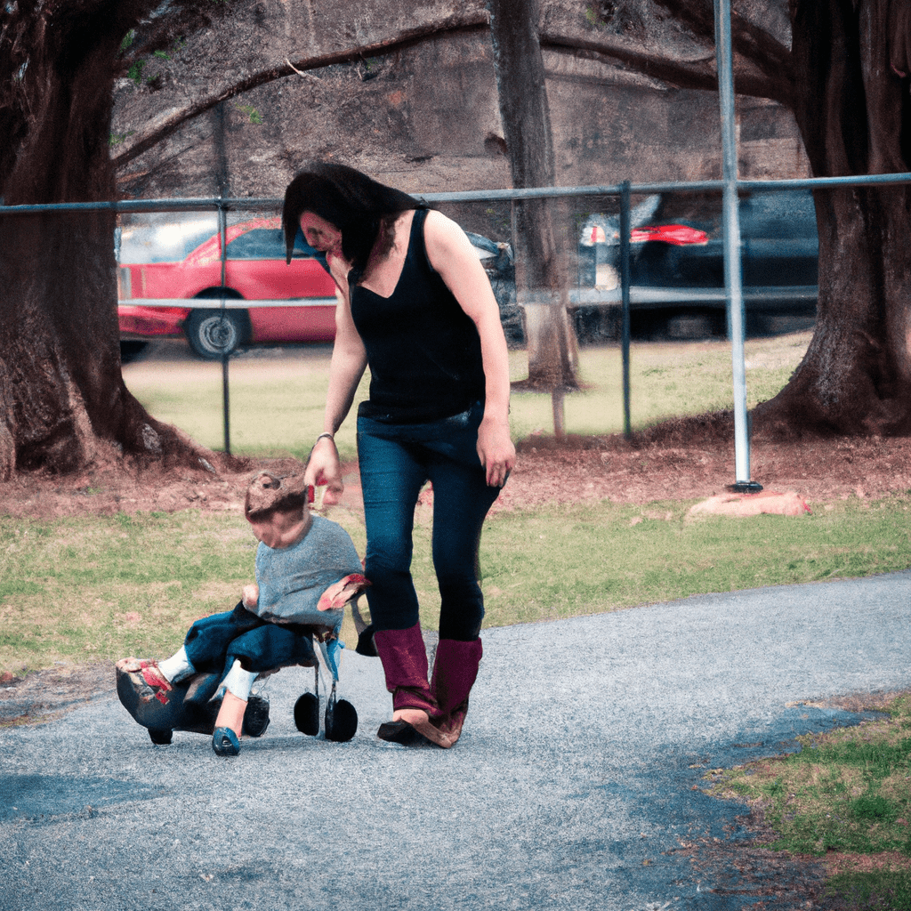 A photo of a mother struggling to help her child walk, showcasing the physical challenges associated with postpartum depression.. Sigma 85 mm f/1.4. No text.
