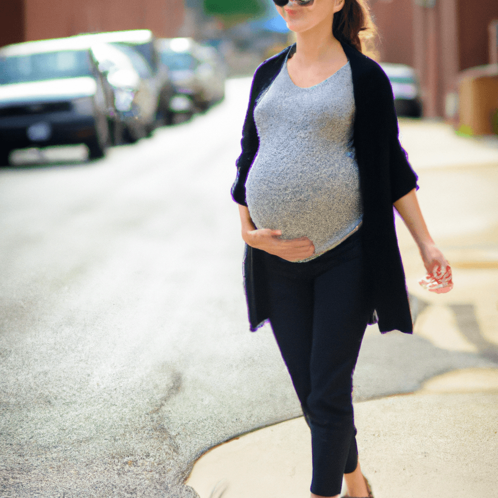 [A pregnant woman confidently struts down the street in a trendy, comfortable outfit, showcasing the perfect balance between style and comfort during pregnancy.]. Sigma 85 mm f/1.4. No text.