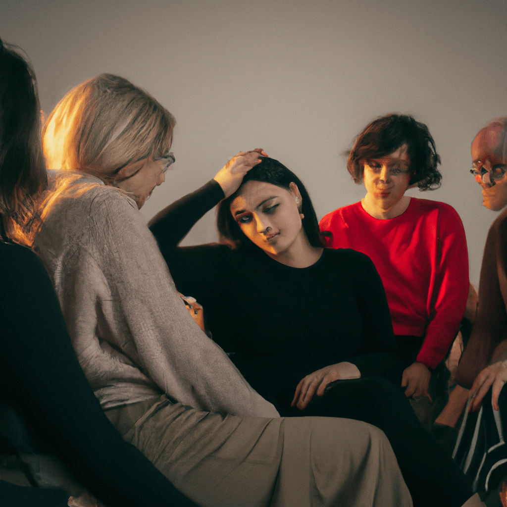 A photo of a woman in therapy, finding support and understanding from a group of other women, highlighting the importance of seeking professional help and finding comfort in shared experiences.. Sigma 85 mm f/1.4. No text.
