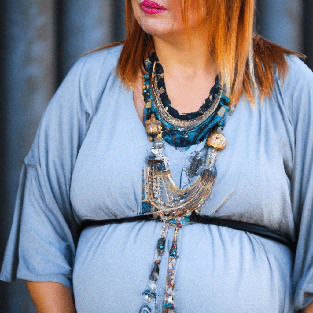 A stylish pregnant woman accessorizing her trendy maternity outfit with a statement necklace, showcasing her confidence and individuality during pregnancy. Sigma 85mm f/1.4. No text.. Sigma 85 mm f/1.4. No text.