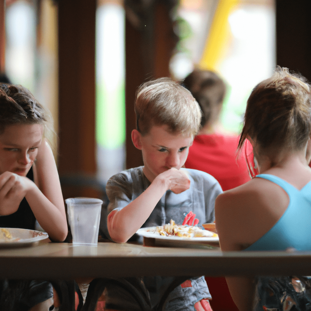 A photo of children enjoying a delicious meal in a vibrant children's restaurant at the zoo. Canon 70-200 mm f/2.8. No text. Sigma 85 mm f/1.4. No text.. Sigma 85 mm f/1.4. No text.