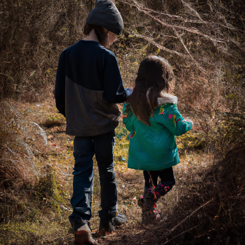 3 - [Older sibling guiding younger sibling on a nature walk]. Nikon D750. A heartwarming moment of mentorship and exploration between siblings.. Sigma 85 mm f/1.4. No text.