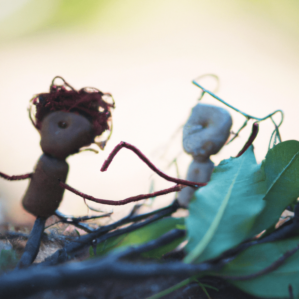 A photo capturing the artistic process of creating puppets using natural materials, like branches, leaves, and stones. Encourage children's creativity by making unique and imaginative creatures from another world. Sigma 85mm f/1.4. No text.. Sigma 85 mm f/1.4. No text.