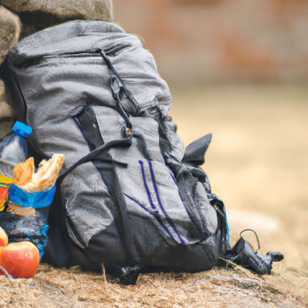 A photo of a packed backpack with healthy snacks and drinks for a castle trip.. Sigma 85 mm f/1.4. No text.