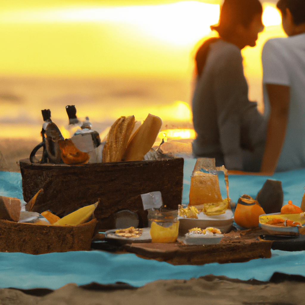 A photo of a couple enjoying a sunset beach picnic, surrounded by allergy-friendly food and drinks.. Sigma 85 mm f/1.4. No text.