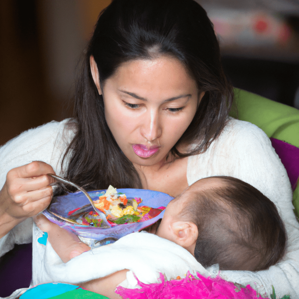 2 - [Image: A mother enjoying a colorful and nutritious plate of food while breastfeeding her baby]. The diversity of a healthy diet is key for the well-being of both mother and child.. Sigma 85 mm f/1.4. No text.