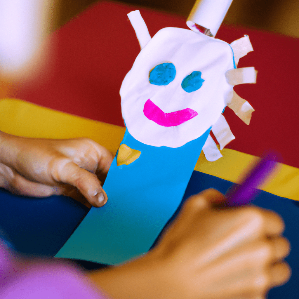 A photo of a cardboard puppet being painted and decorated by a child.. Sigma 85 mm f/1.4. No text.