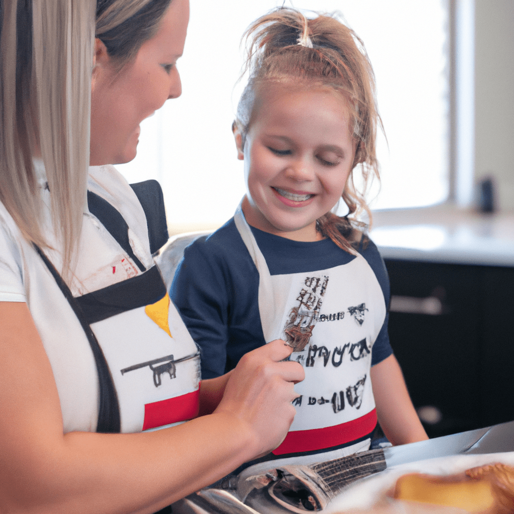 A photo of a child wearing a chef's apron and happily cooking with their parent in the kitchen. Sigma 50 mm f/1.8. No text.. Sigma 85 mm f/1.4. No text.