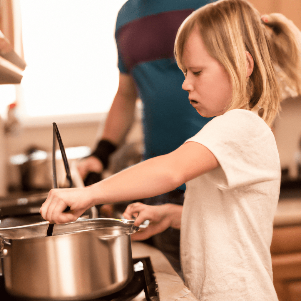 3 - [A photo of a child confidently stirring a pot on the stove, while their parent looks on with pride. The child is taking on more responsibility in the kitchen, learning valuable skills and gaining confidence.]. Sigma 85 mm f/1.4. No text.