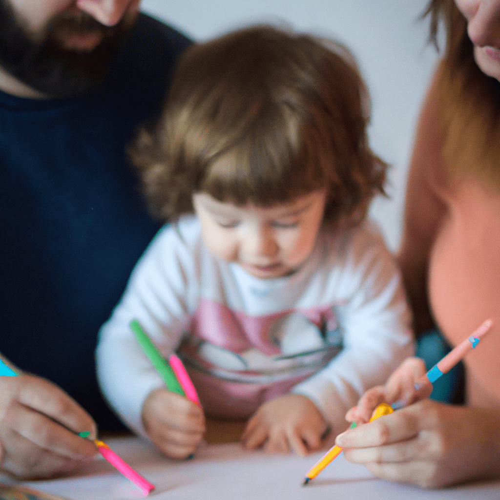 A photo of a child drawing and a parent helping them, showcasing the positive impact of creativity on development.. Sigma 85 mm f/1.4. No text.