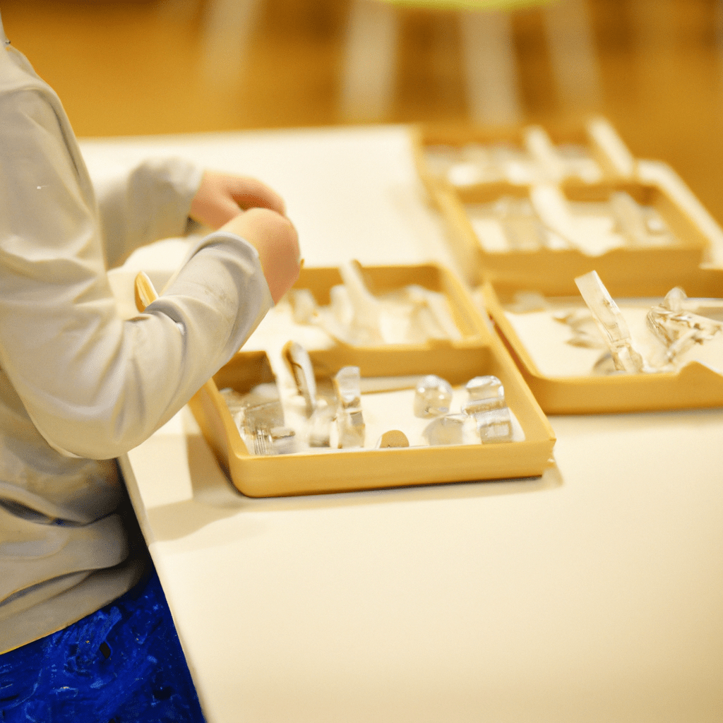 A child working with Montessori materials in a well-organized classroom. Nikon D750, 50mm lens. No text.. Sigma 85 mm f/1.4. No text.