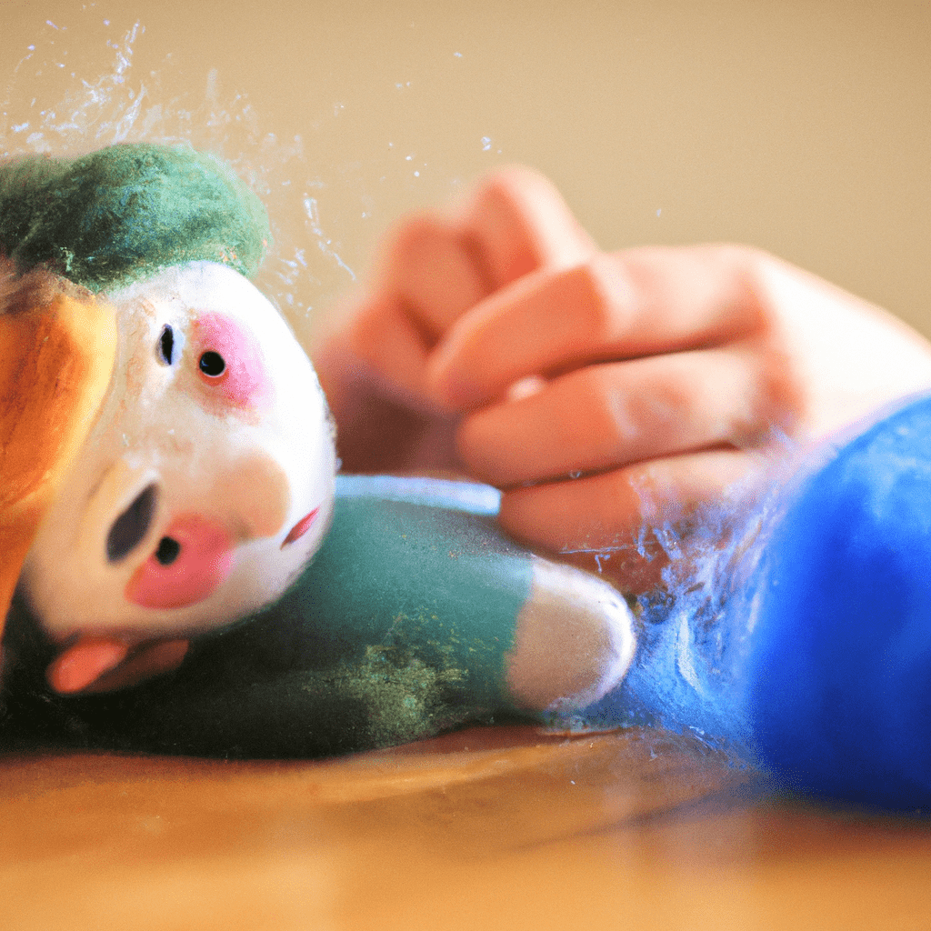 A photo of a child creating a wool doll using needle felting techniques and colorful wool fibers.. Sigma 85 mm f/1.4. No text.