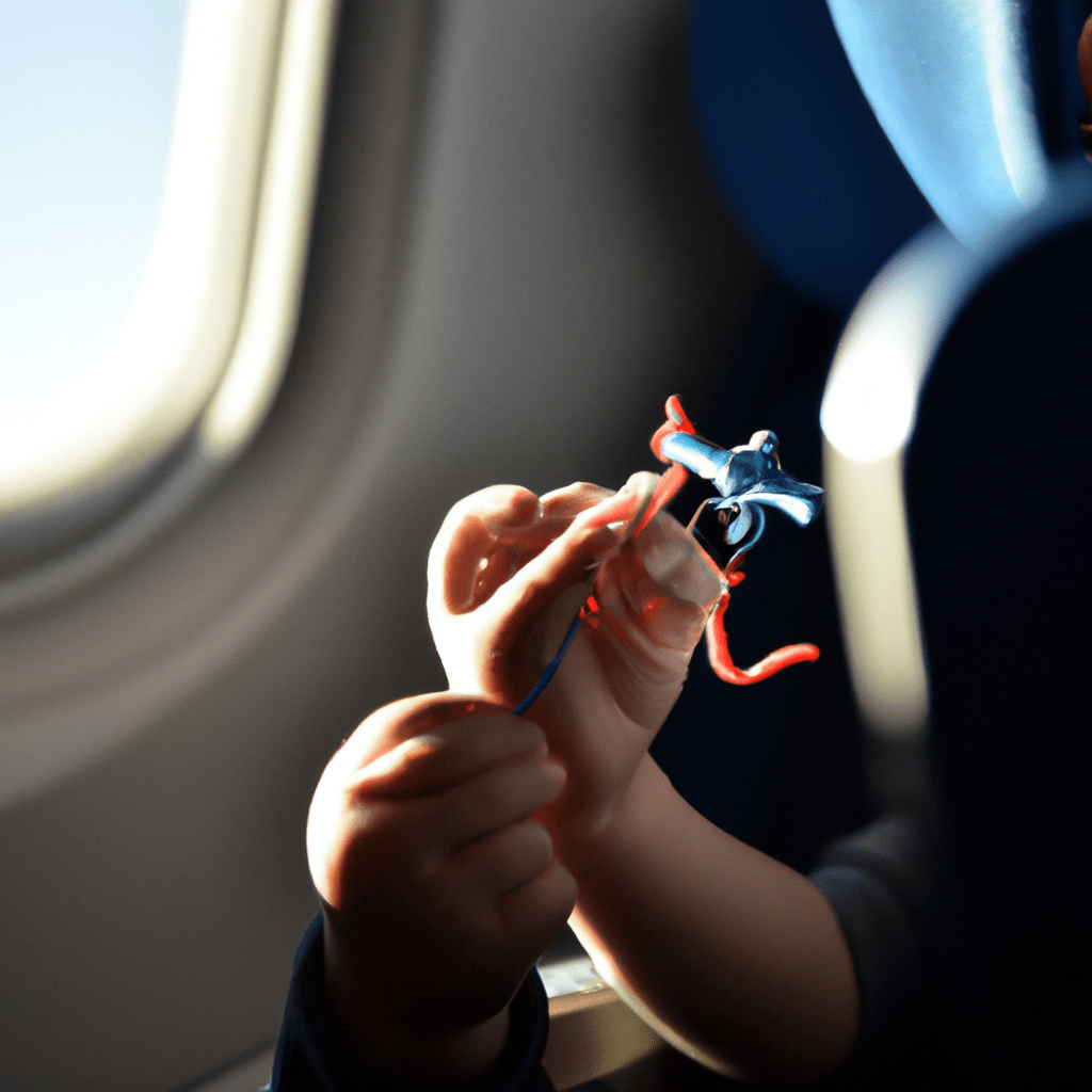 2 - A photo of a child playing with a small toy on an airplane, keeping themselves entertained during the flight.. Sigma 85 mm f/1.4. No text.