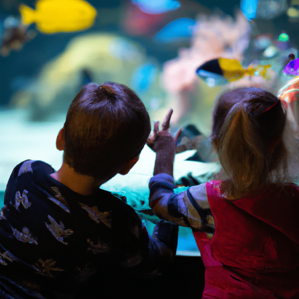 A picture of children observing colorful fish in a vibrant aquarium.. Sigma 85 mm f/1.4. No text.
