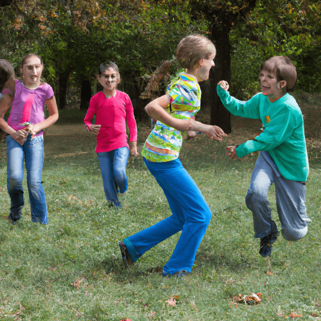 2 - [A group of children happily playing a game of tag in a sunny park]. Canon 50 mm f/1.8. No text.. Sigma 85 mm f/1.4. No text.